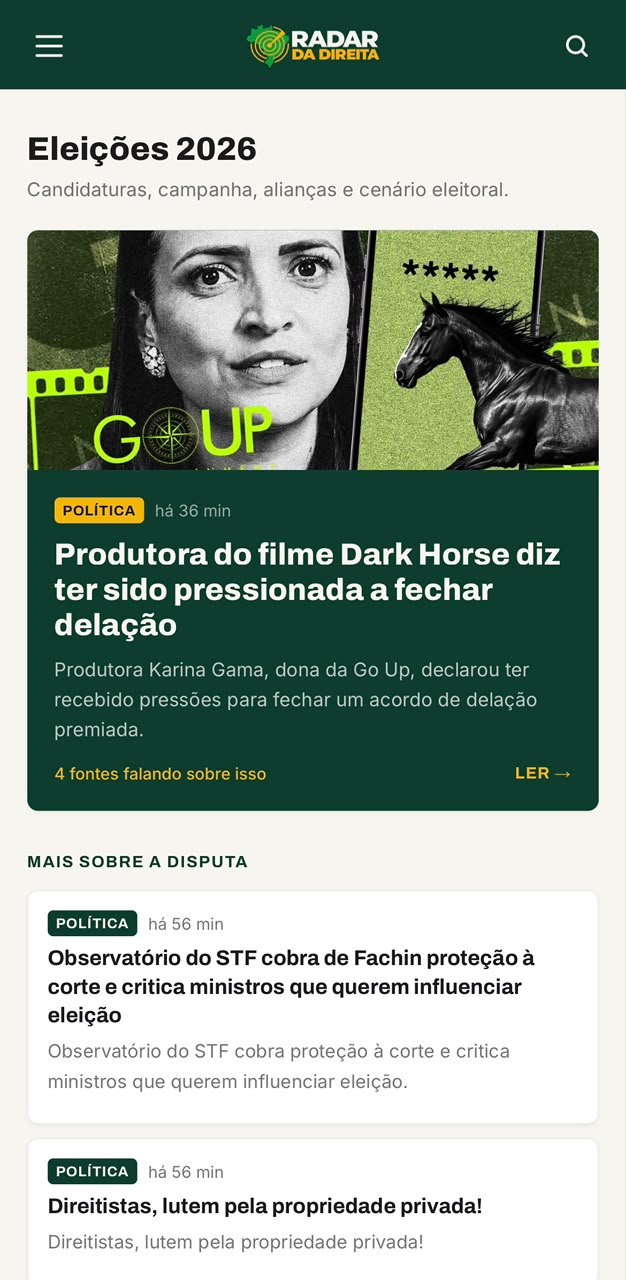 Tela Eleições 2026 do Radar da Direita