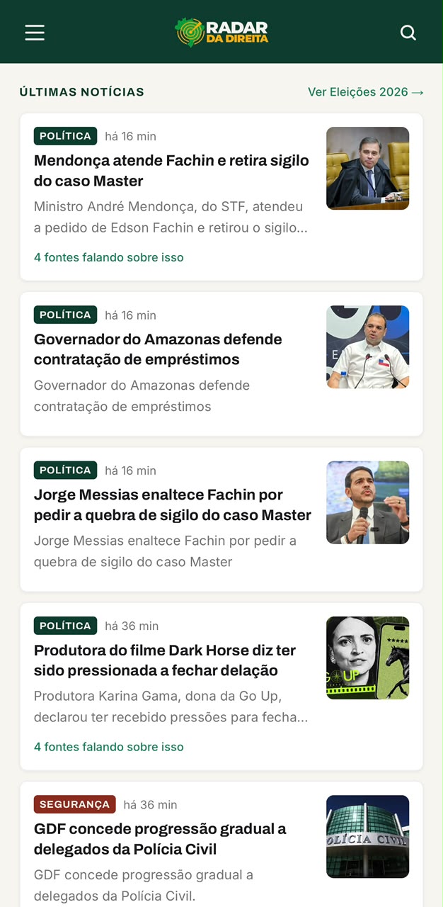 Tela Últimas notícias do Radar da Direita